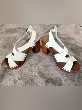 White Leather Platform Sandals with Wood Block Heel